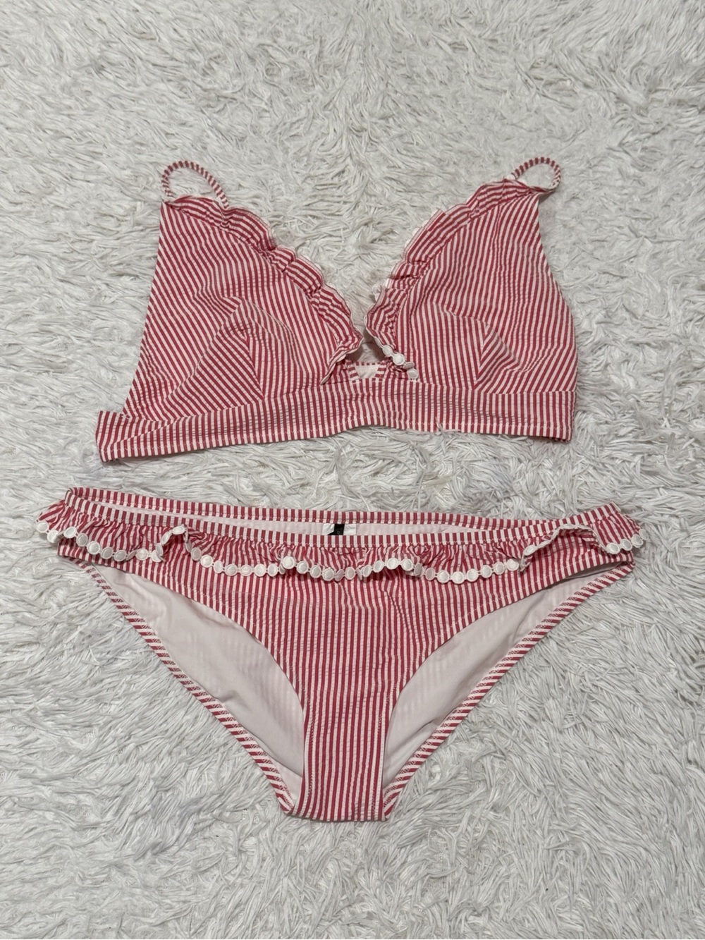 J.Crew Red and White Striped Bikini Set with Scalloped Trim Size XL